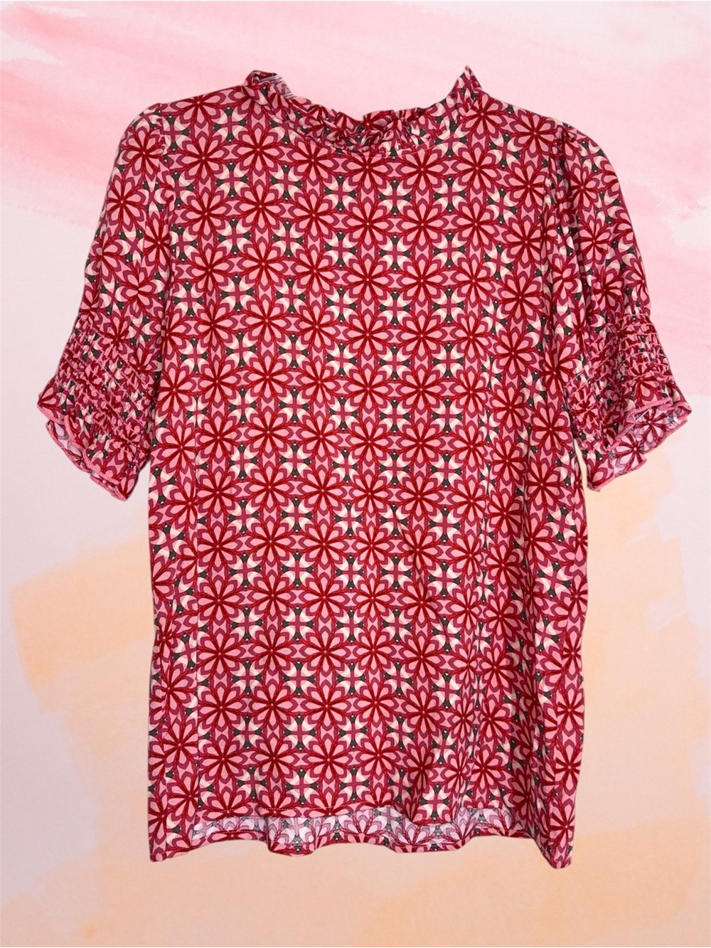 Spice Rosé Pink Red Floral-Pattern Short Sleeve Smocked Short Sleeve Blouse NWT